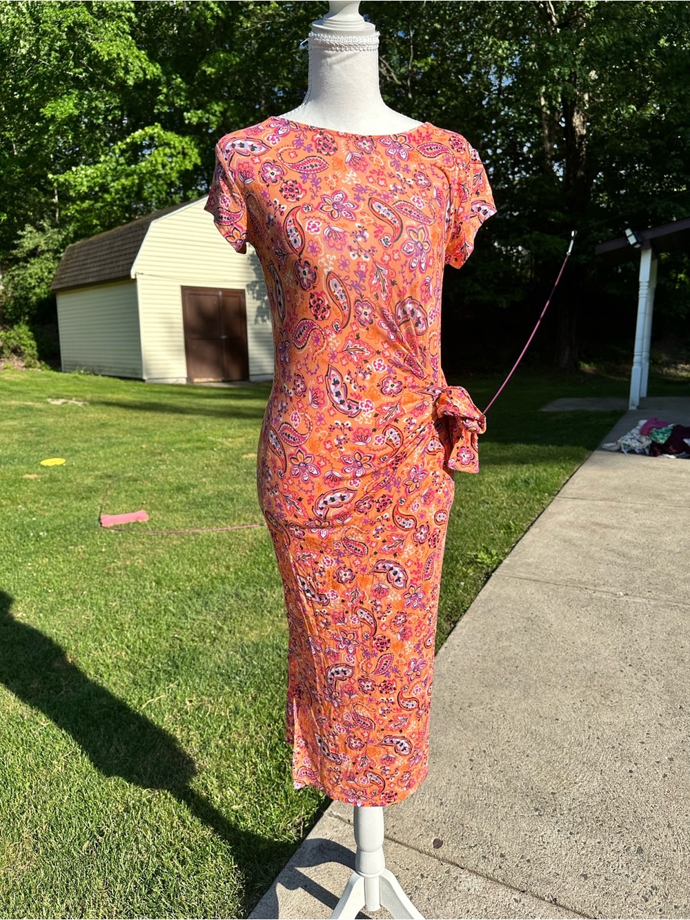 LOFT Orange Paisley Tie-Waist Midi Dress
